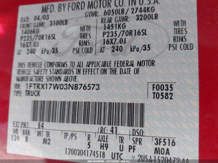 2003 Ford F-150 Lariat/Xl/Xlt VIN: 1FTRX17W03NB76573 Lot: 43449766