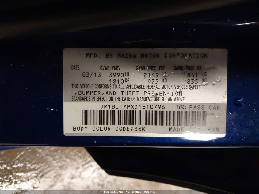 2013 Mazda Mazda3 I Grand Touring VIN: JM1BL1MPXD1810796 Lot: 43449780