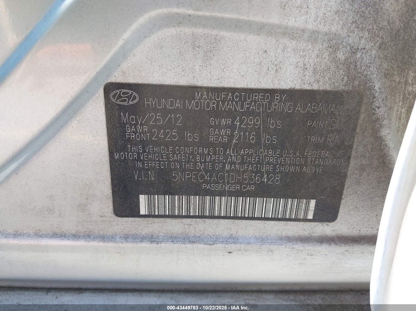 2013 HYUNDAI SONATA SE 5NPEC4AC1DH536428