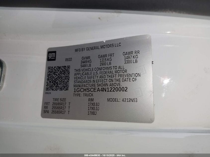 2022 Chevrolet Colorado 2Wd Long Box Lt VIN: 1GCHSCEA4N1220002 Lot: 43449830