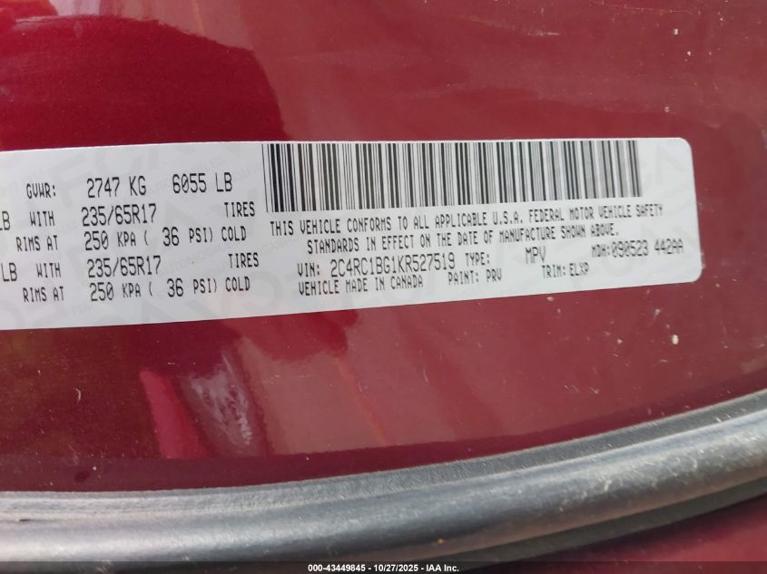 2019 Chrysler Pacifica Touring L VIN: 2C4RC1BG1KR527519 Lot: 43449845