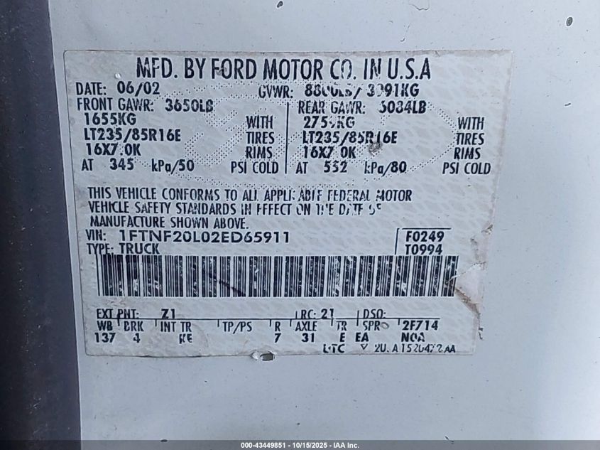 2002 Ford F-250 Xl/Xlt VIN: 1FTNF20L02ED65911 Lot: 43449851
