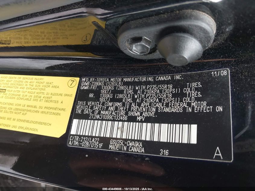 2009 Lexus Rx 350 VIN: 2T2HK31U99C133466 Lot: 43449886