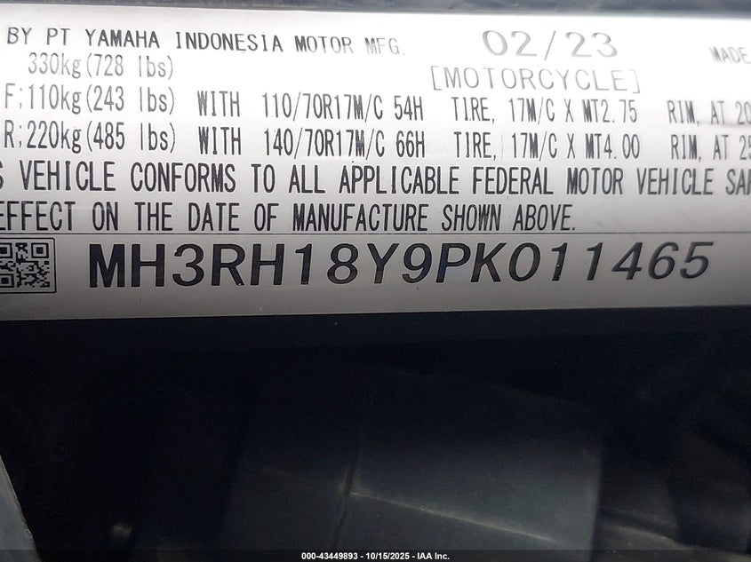 2023 Yamaha Yzfr3 A VIN: MH3RH18Y9PK011465 Lot: 43449893