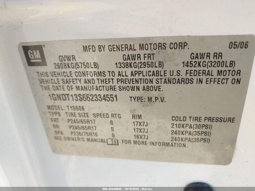 2006 Chevrolet Trailblazer Ls VIN: 1GNDT13S662334551 Lot: 43449905
