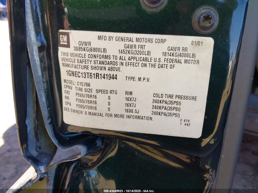 2001 Chevrolet Tahoe Ls VIN: 1GNEC13T61R141944 Lot: 43449923