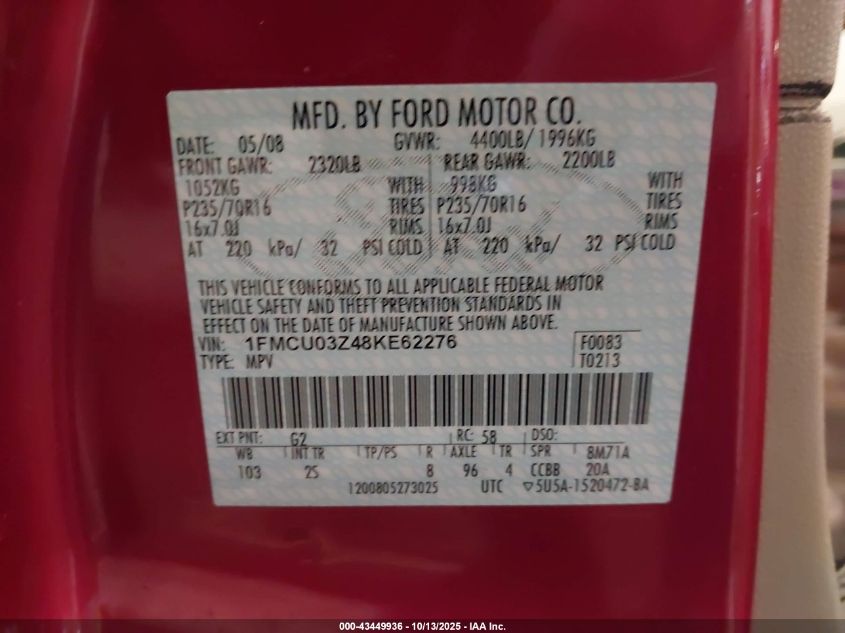 2008 Ford Escape Xlt VIN: 1FMCU03Z48KE62276 Lot: 43449936