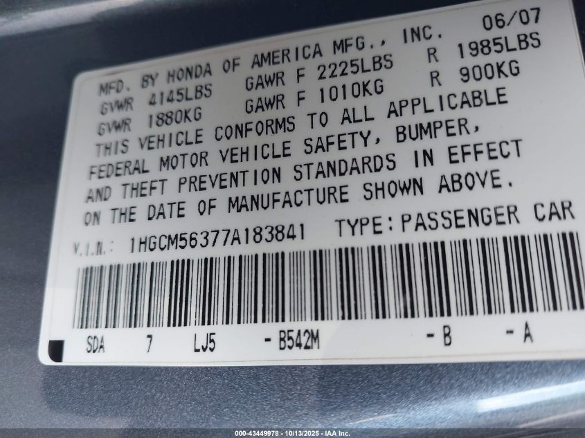 2007 Honda Accord 2.4 Se VIN: 1HGCM56377A183841 Lot: 43449978