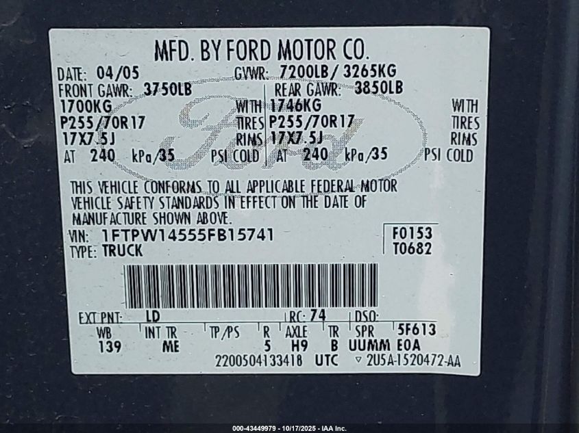 2005 Ford F-150 Fx4/Lariat/Xlt VIN: 1FTPW14555FB15741 Lot: 43449979