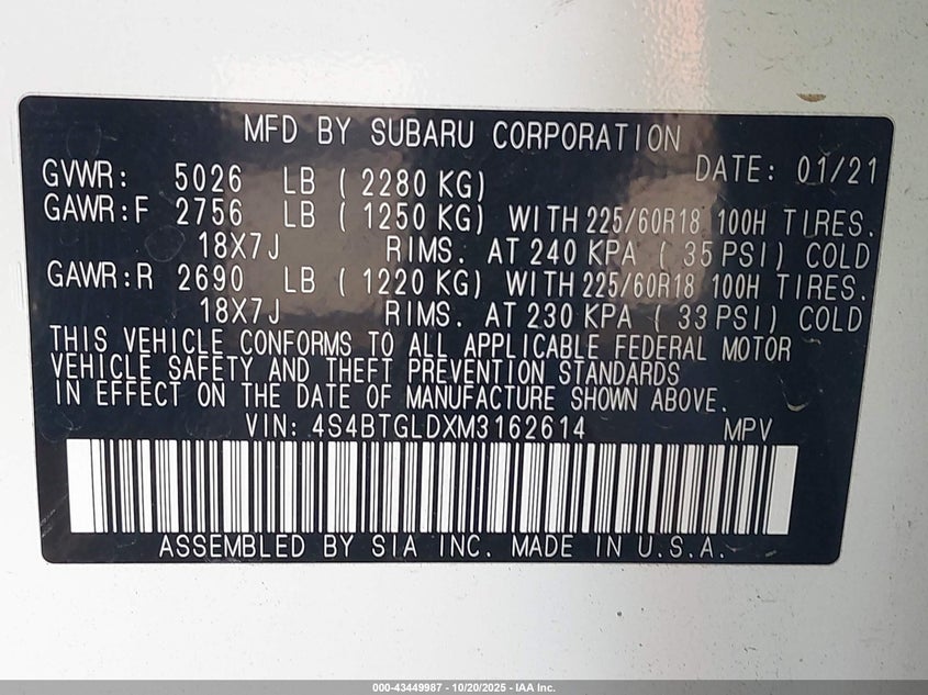 4S4BTGLDXM3162614 2021 SUBARU OUTBACK photo no. 9