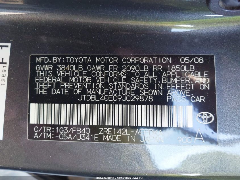 2009 Toyota Corolla Le VIN: JTDBL40E09J029878 Lot: 43450010