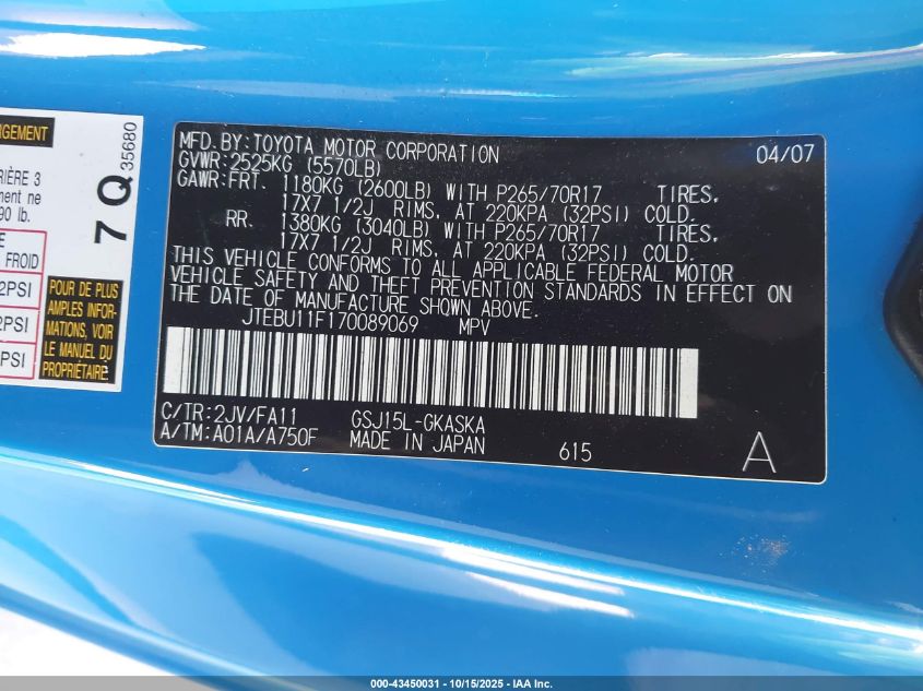 2007 Toyota Fj Cruiser VIN: JTEBU11F170089069 Lot: 43450031