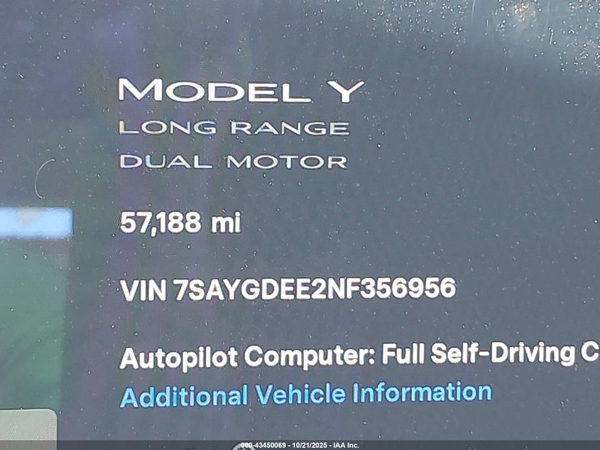 2022 Tesla Model Y Long Range Dual Motor All-Wheel Drive VIN: 7SAYGDEE2NF356956 Lot: 43450069
