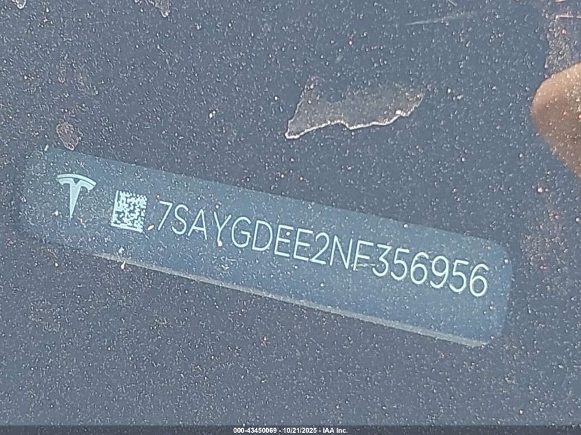 2022 Tesla Model Y Long Range Dual Motor All-Wheel Drive VIN: 7SAYGDEE2NF356956 Lot: 43450069