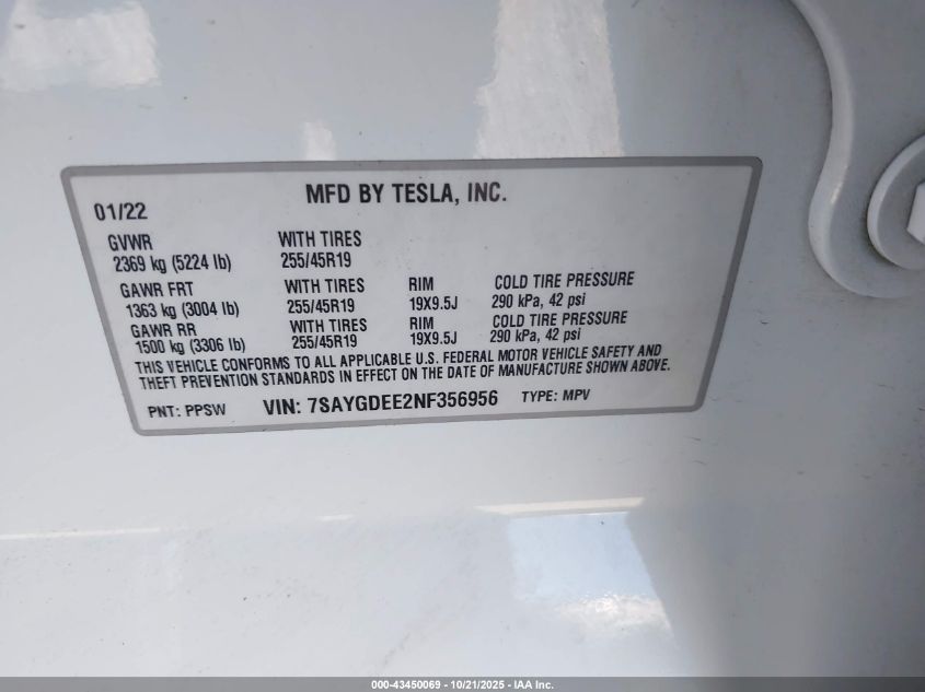 2022 Tesla Model Y Long Range Dual Motor All-Wheel Drive VIN: 7SAYGDEE2NF356956 Lot: 43450069