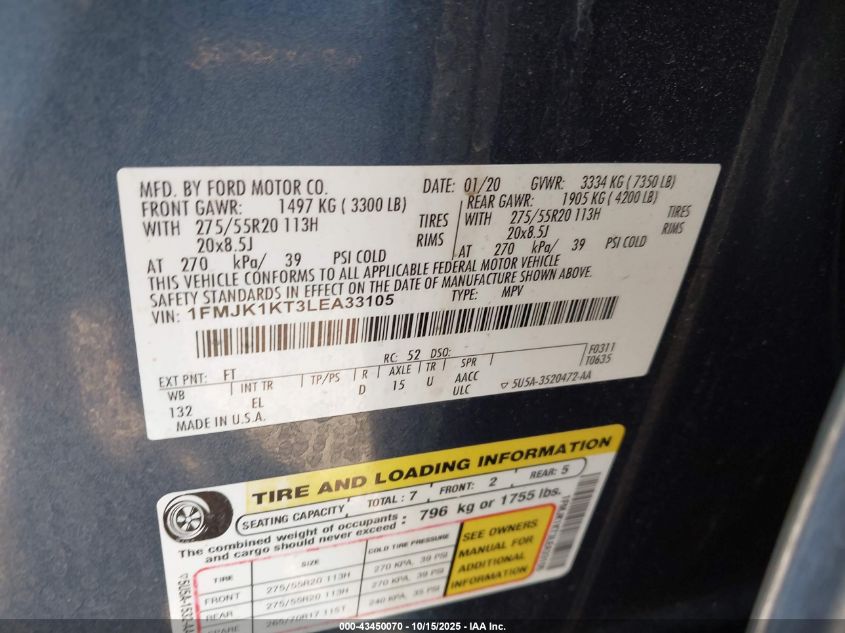 2020 Ford Expedition Limited Max VIN: 1FMJK1KT3LEA33105 Lot: 43450070