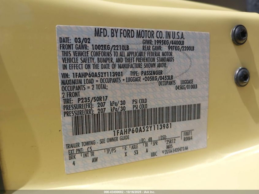 2002 Ford Thunderbird VIN: 1FAHP60A52Y113981 Lot: 43450082