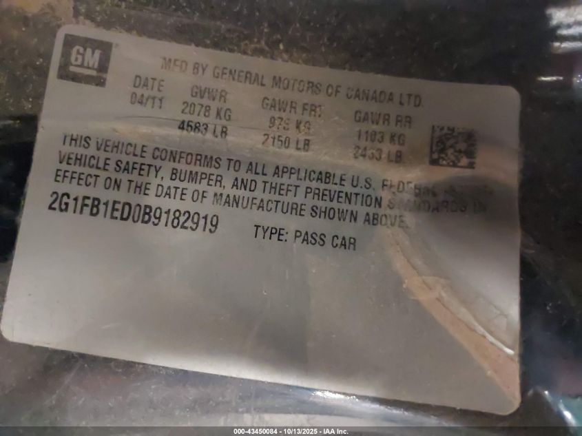 2011 Chevrolet Camaro 1Lt VIN: 2G1FB1ED0B9182919 Lot: 43450084