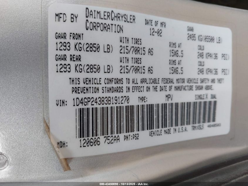 2003 Dodge Grand Caravan Se VIN: 1D4GP24383B191270 Lot: 43450098