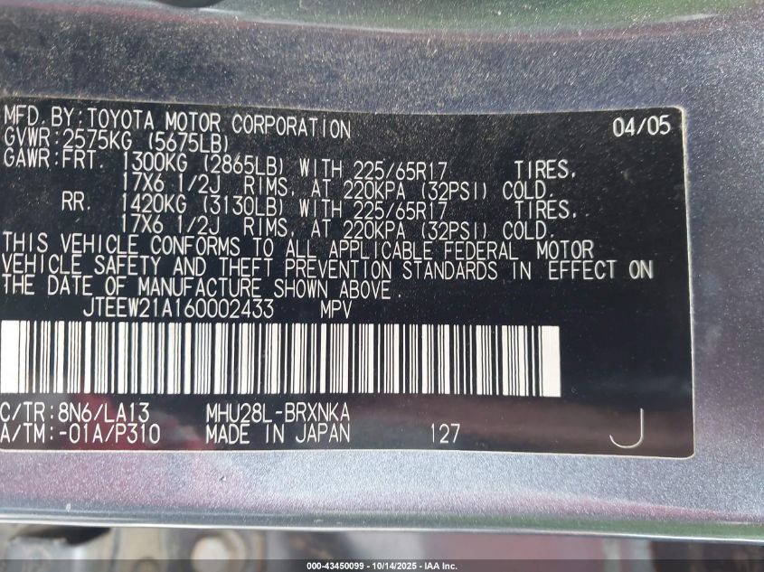 2006 Toyota Highlander Hybrid Limited V6 VIN: JTEEW21A160002433 Lot: 43450099