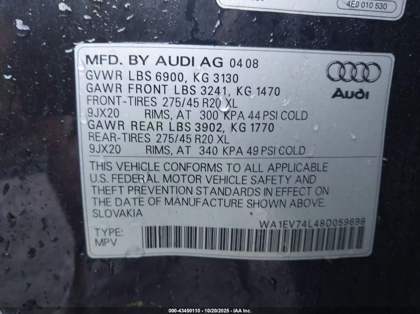 2008 Audi Q7 4.2 Premium VIN: WA1EV74L48D059698 Lot: 43450110