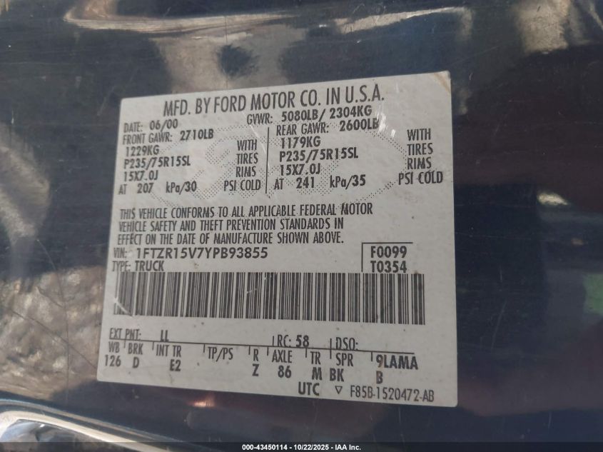 2000 Ford Ranger Xl/Xlt VIN: 1FTZR15V7YPB93855 Lot: 43450114