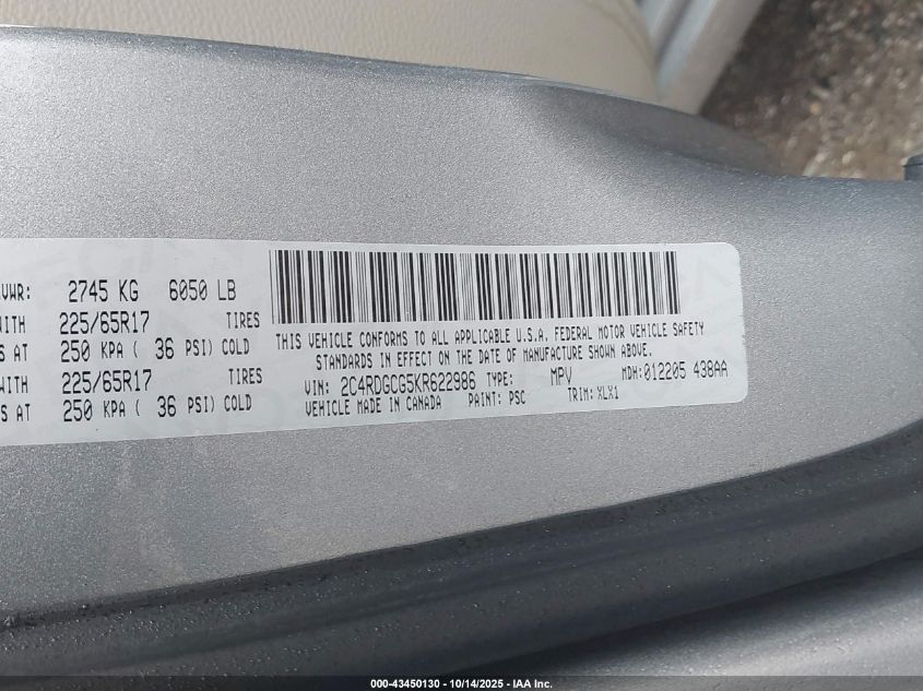 2019 Dodge Grand Caravan Sxt VIN: 2C4RDGCG5KR622986 Lot: 43450130