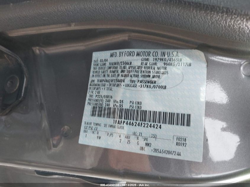 2004 Ford Mustang VIN: 1FAFP44624F224424 Lot: 43450133