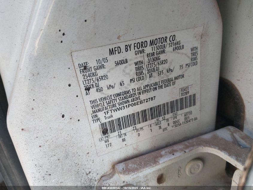 2006 Ford F-350 Lariat/Xl/Xlt VIN: 1FTWW31P06EB72787 Lot: 43450142