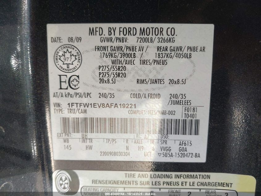 2010 Ford F-150 Fx4/Harley-Davidson/King Ranch/Lariat/Platinum/Xl/Xlt VIN: 1FTFW1EV8AFA19221 Lot: 43450164
