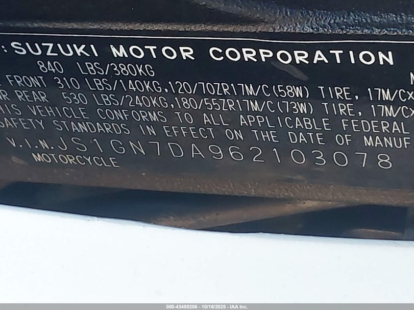 2006 Suzuki Gsx-R600 K6 VIN: JS1GN7DA962103078 Lot: 43450206