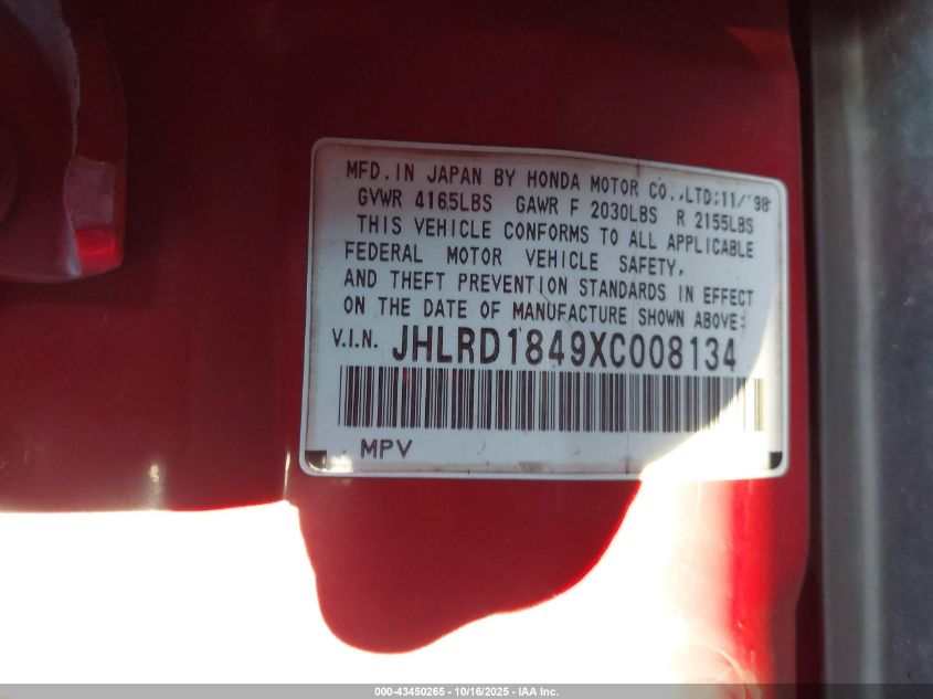 1999 Honda Cr-V Lx VIN: JHLRD1849XC008134 Lot: 43450265