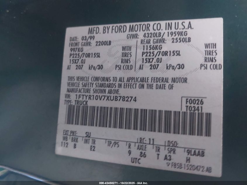 1999 Ford Ranger Xl/Xlt VIN: 1FTYR10V7XUB78274 Lot: 43450271