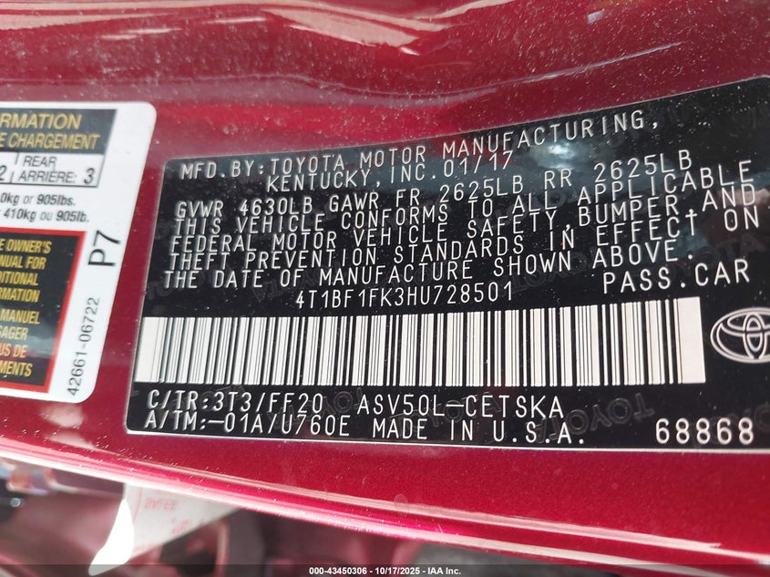 2017 TOYOTA CAMRY SE - 4T1BF1FK3HU728501