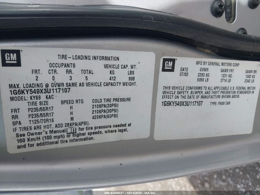 2003 Cadillac Seville Sts VIN: 1G6KY549X3U117107 Lot: 43450327