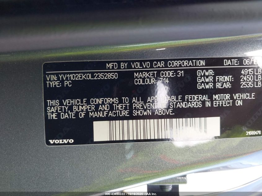 2020 Volvo V60 T5 Momentum VIN: YV1102EK0L2352850 Lot: 43450333