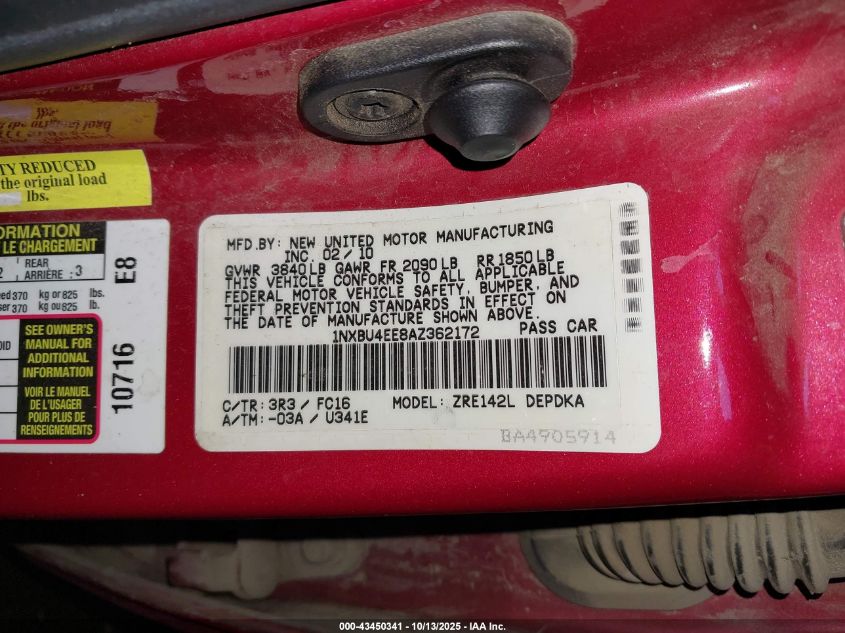 2010 Toyota Corolla Le VIN: 1NXBU4EE8AZ362172 Lot: 43450341