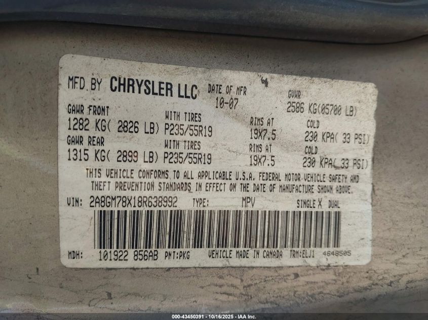 2008 Chrysler Pacifica Limited VIN: 2A8GM78X18R638992 Lot: 43450391