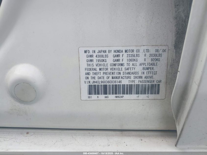 2006 Acura Tsx VIN: JH4CL96836C036146 Lot: 43450407