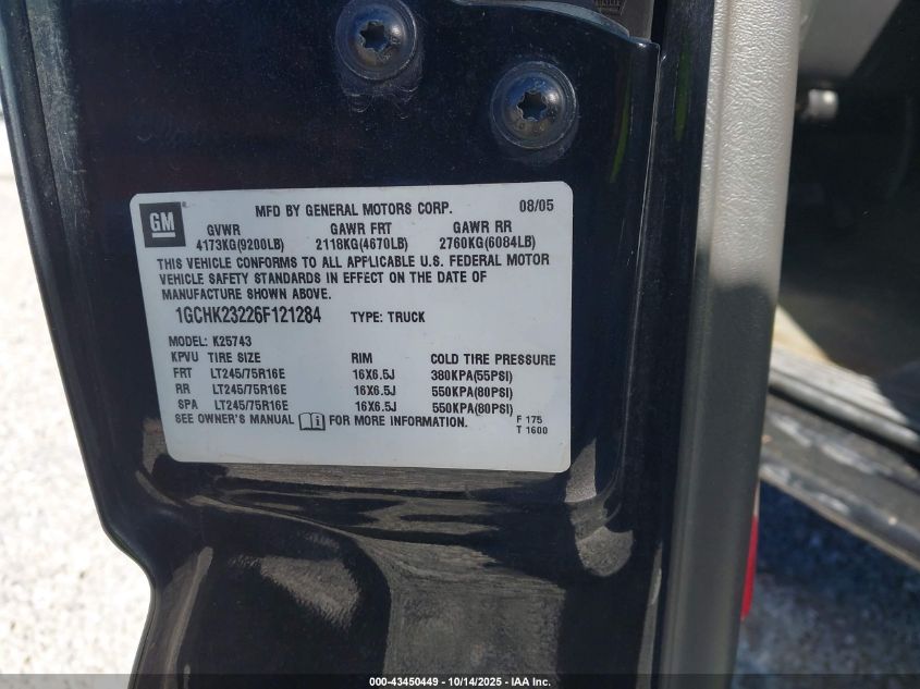 2006 Chevrolet Silverado 2500Hd Lt3 VIN: 1GCHK23226F121284 Lot: 43450449