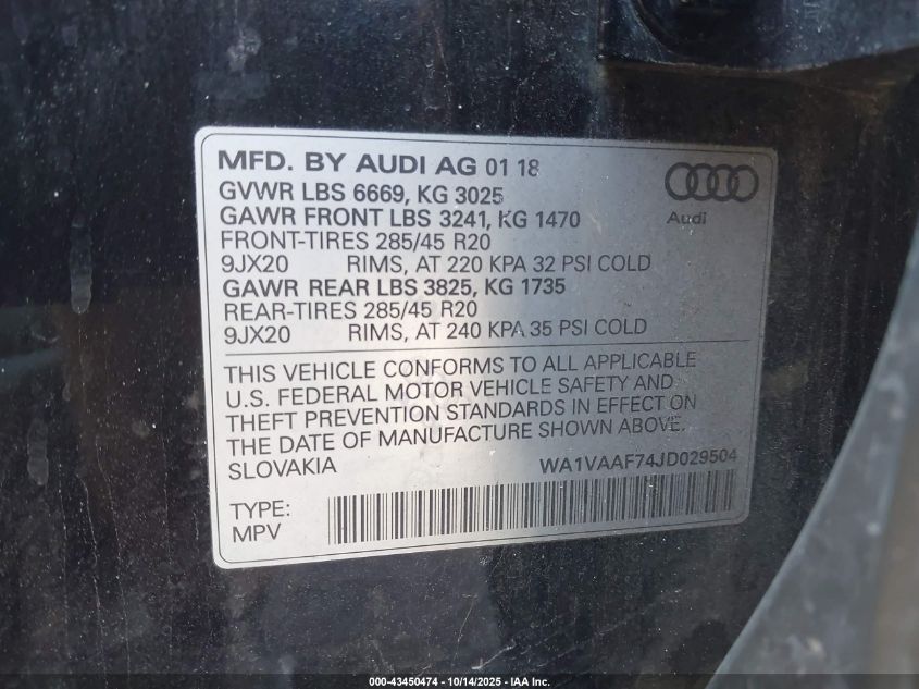 2018 Audi Q7 3.0T Premium VIN: WA1VAAF74JD029504 Lot: 43450474