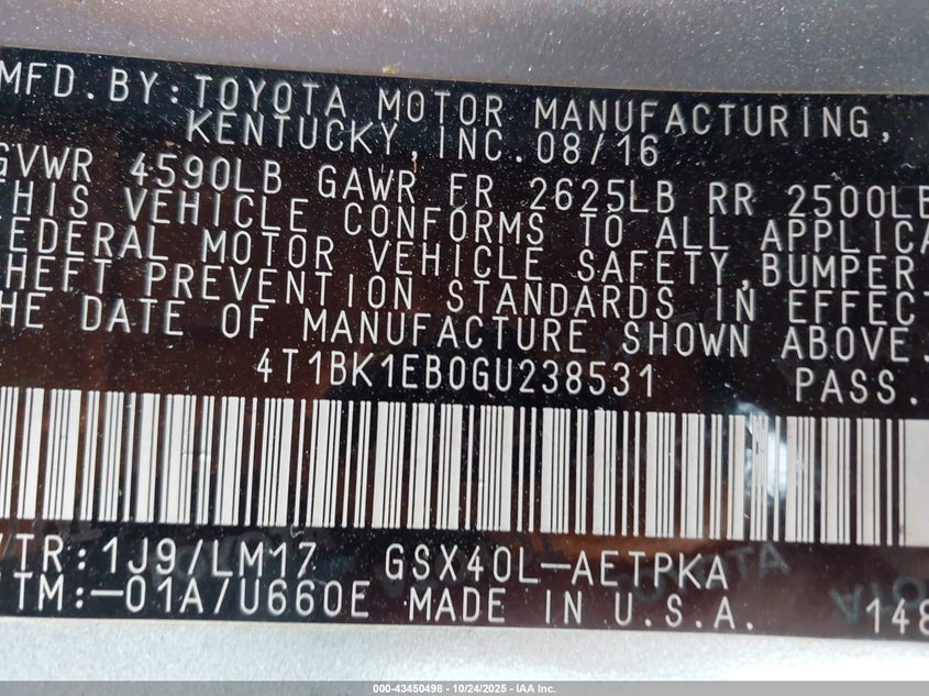 2016 TOYOTA AVALON LIMITED 4T1BK1EB0GU238531