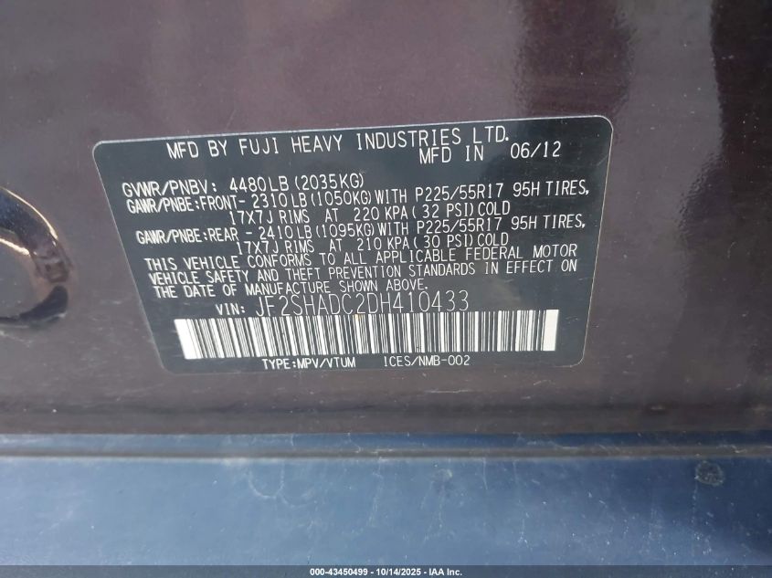 2013 Subaru Forester 2.5X Premium VIN: JF2SHADC2DH410433 Lot: 43450499