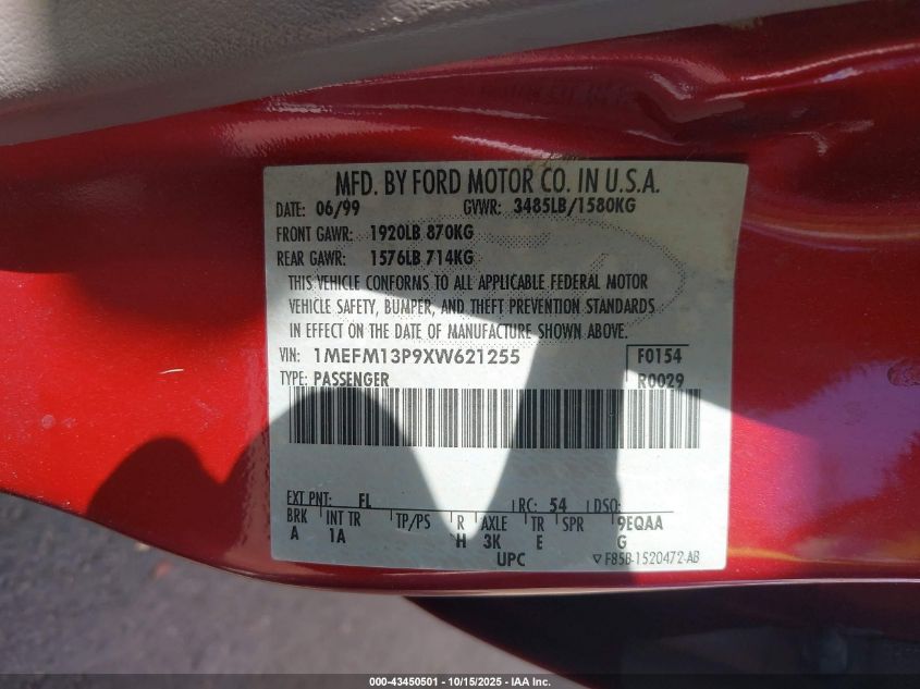 1999 Mercury Tracer Ls VIN: 1MEFM13P9XW621255 Lot: 43450501