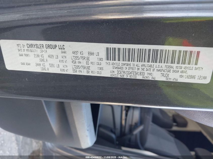 2015 Ram Promaster 2500 High Roof VIN: 3C6TRVDGXFE501833 Lot: 43450532