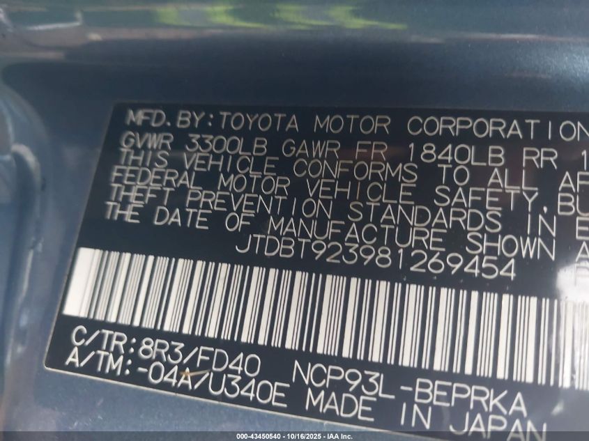 2008 Toyota Yaris VIN: JTDBT923981269454 Lot: 43450540