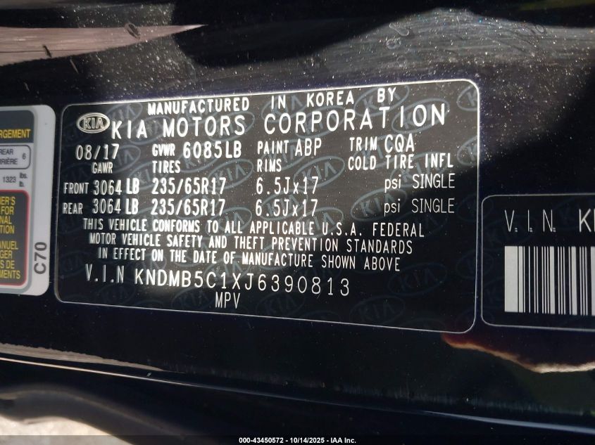 2018 Kia Sedona Lx VIN: KNDMB5C1XJ6390813 Lot: 43450572