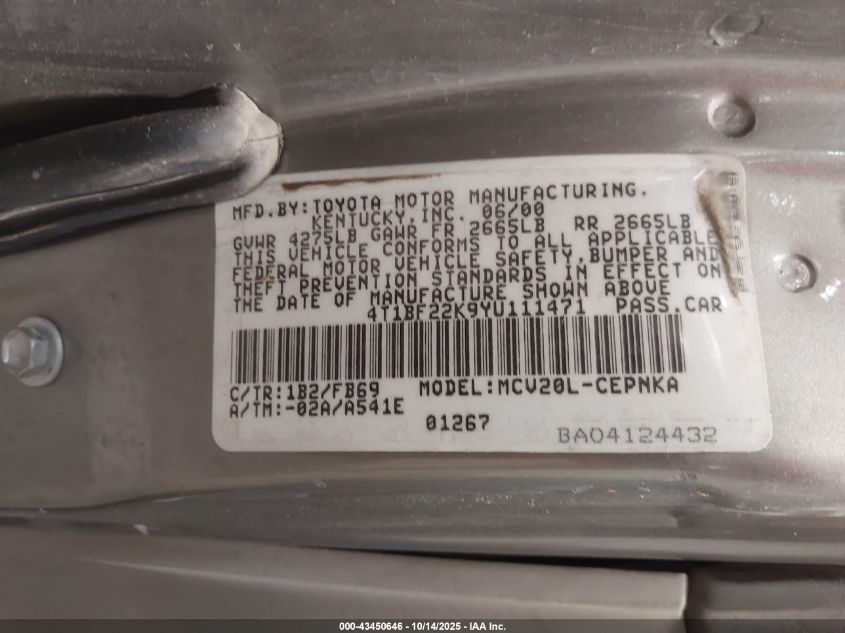 2000 Toyota Camry Le V6 VIN: 4T1BF22K9YU111471 Lot: 43450646