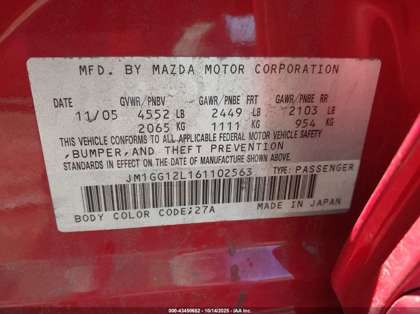 2006 Mazda Mazdaspeed6 Grand Touring VIN: JM1GG12L161102563 Lot: 43450652