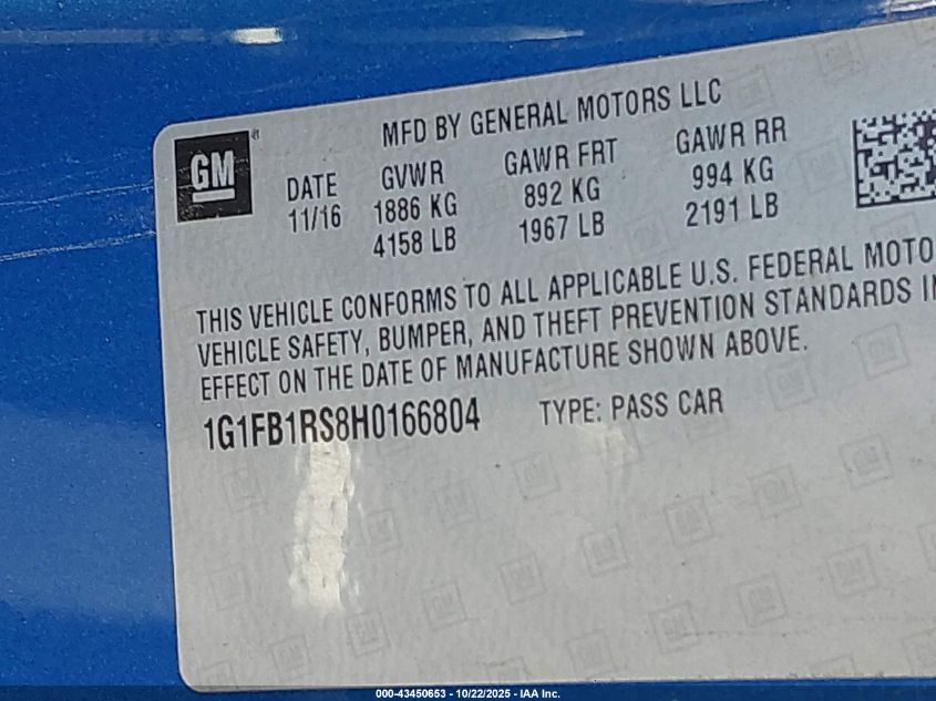 2017 Chevrolet Camaro 1Lt VIN: 1G1FB1RS8H0166804 Lot: 43450653